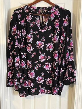 Lane Bryant Black Keyhole Neckline Blouse with Pink & Purple Floral Print